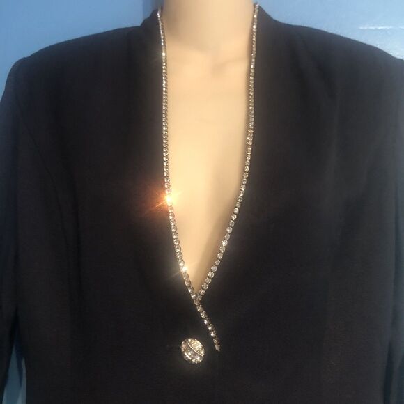 Vintage 1980s JR Nites Petites M Dress Jacket Navy Rhinestone Trim Shoulder Pads - Picture 2 of 9